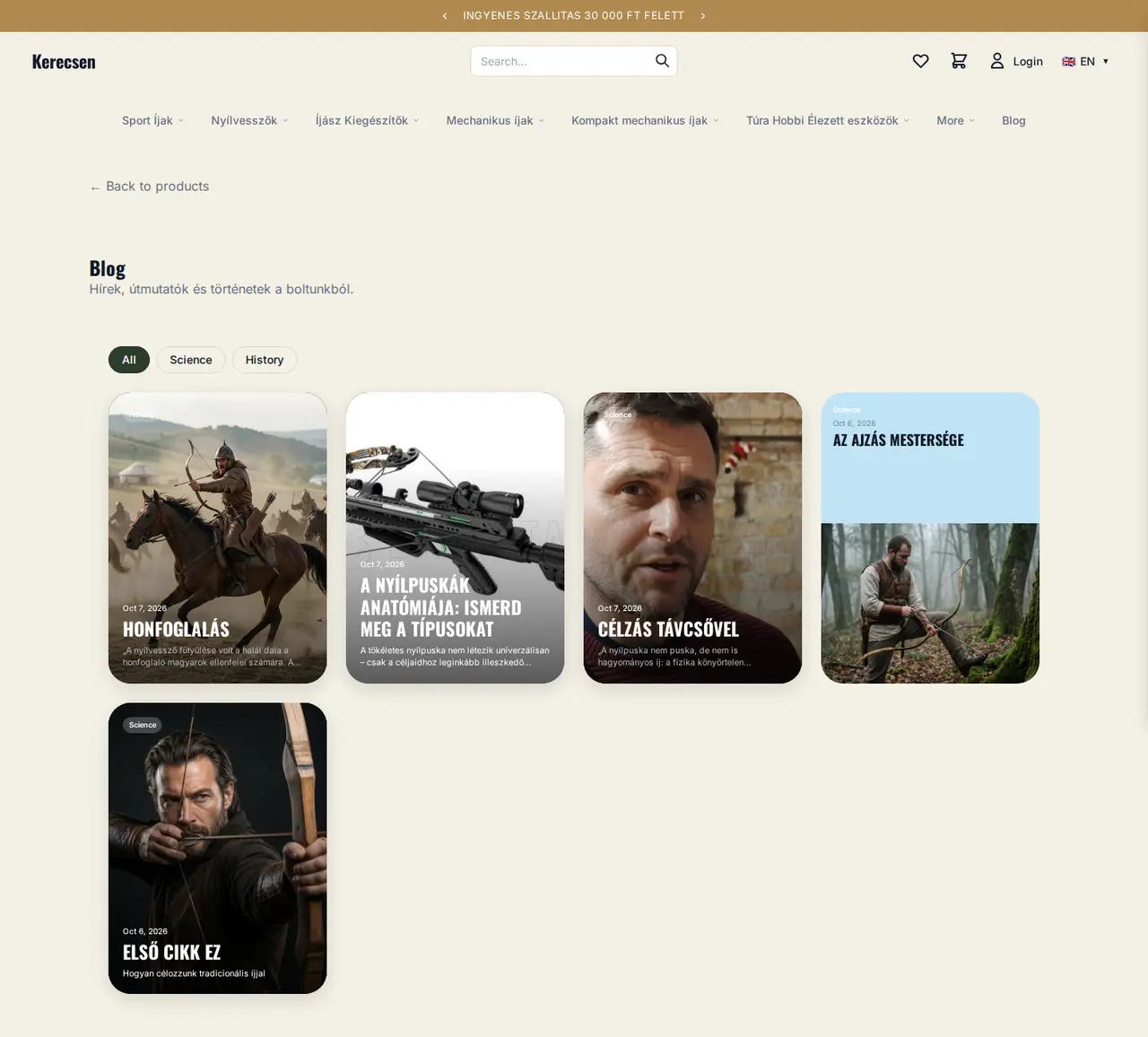 Blog page of a ShelfyCart webshop with category filters and post cards