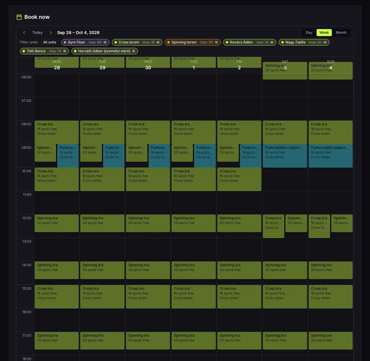 Weekly booking calendar with group classes on the PulseFit demo shop