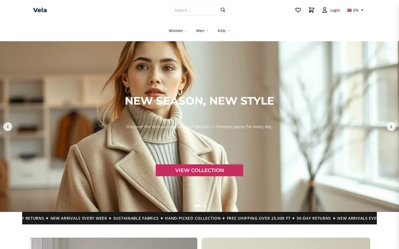 Homepage of the Vela fashion demo shop built with ShelfyCart